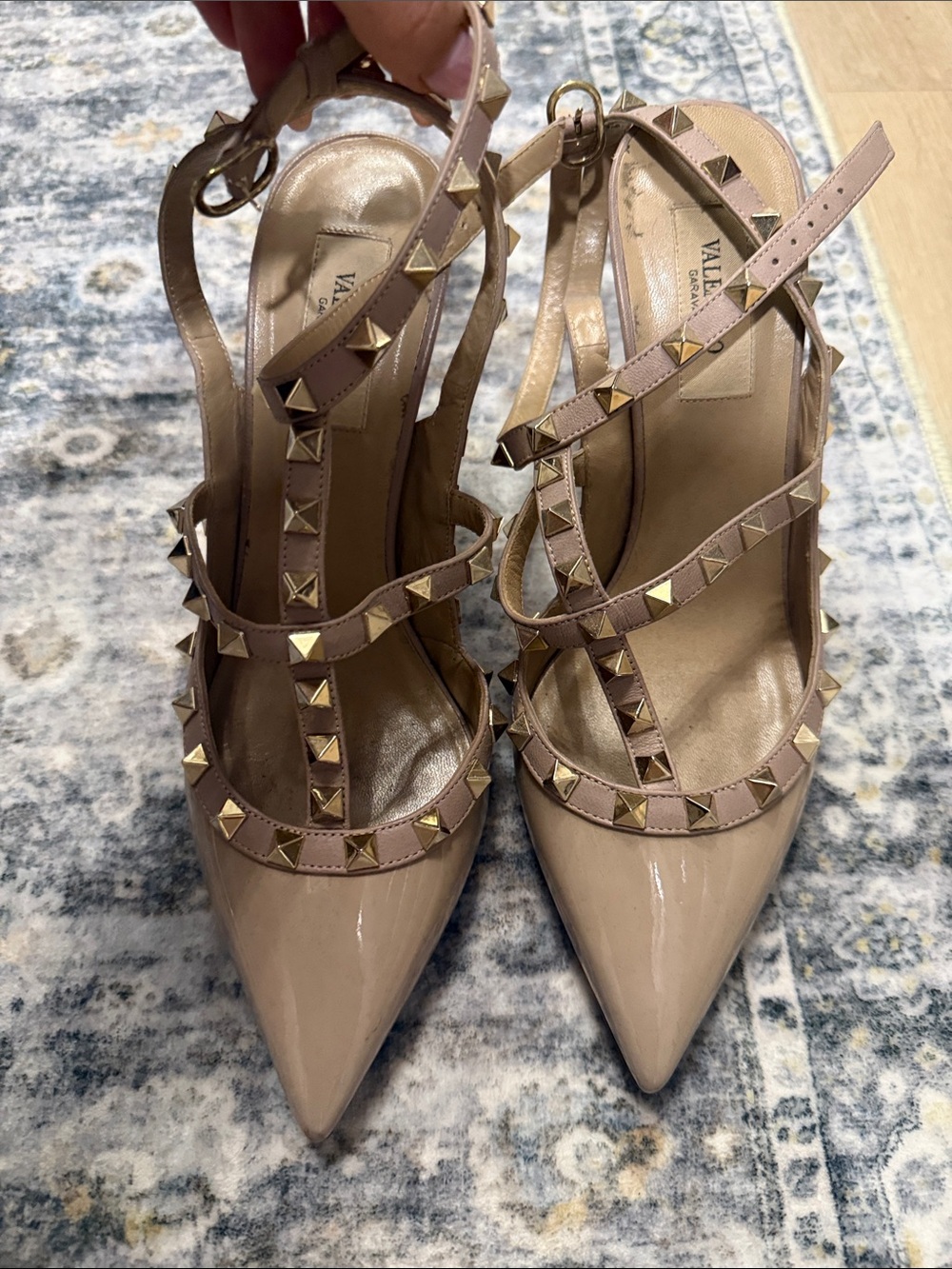 Valentino Nude Patent Leather Rockstud Pointed Slingback Heels